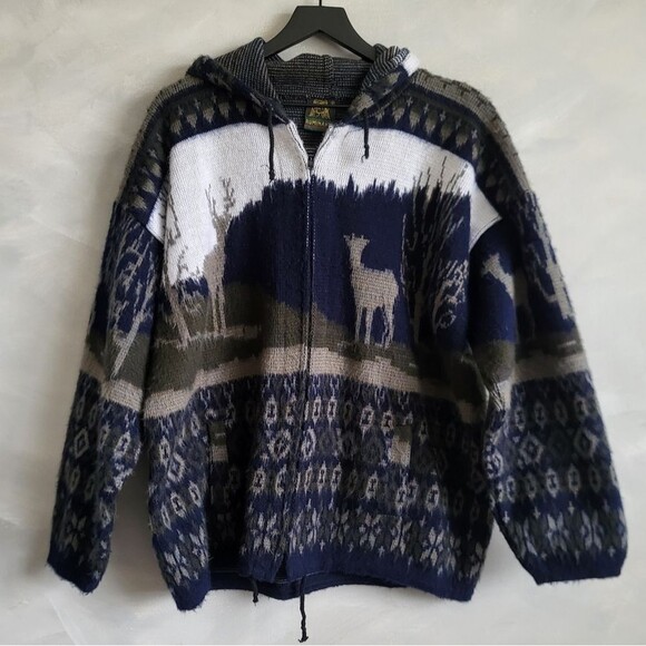 Vintage Wool Ruminahui jacket coat boho deer antler Fair Isle Warm hood No size - Picture 1 of 11